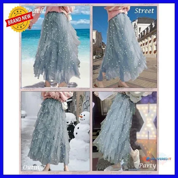 Tulle A-Line Midi Skirt High Elastic Waist Tiered Fairy Style - Picture 7 of 8